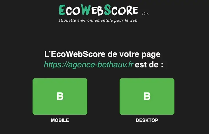 Notre note B, obtenue après audit sur ecowebscore