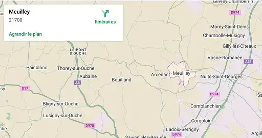 GoogleMap présentant la localisation Meuilley, à côté de Nuits Saint Georges, en Côte dOr, Bourgogne Franche Comté