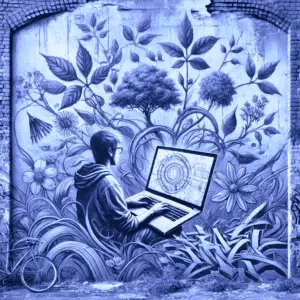 Fresque murale color&eacute;e en bleu sur un mur de briques repr&eacute;sentant une v&eacute;g&eacute;tation luxuriante avec des arbres et des plantes vertes, devant laquelle se trouve une personne avec un ordinateur portable, symbolisant l'harmonie entre technologie et nature