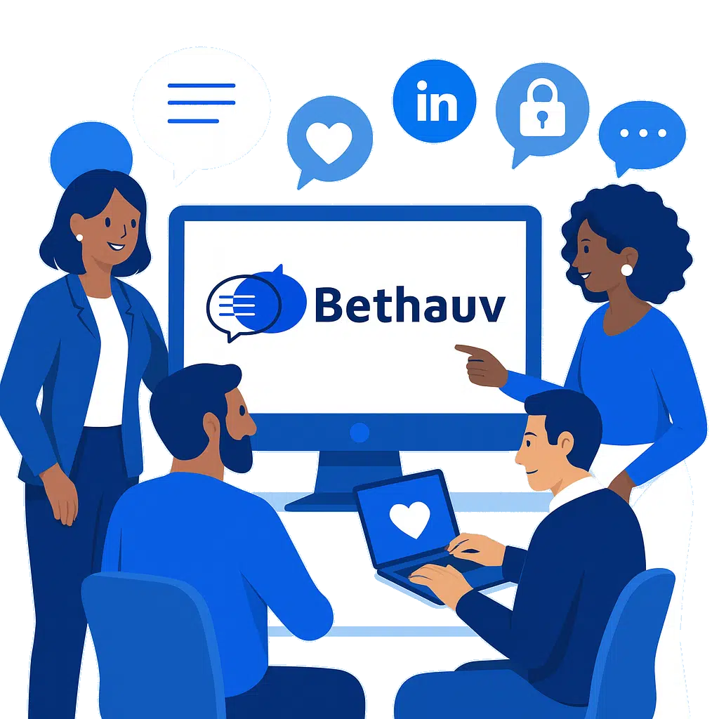 Illustration vectorielle moderne montrant quatre personnes de différentes ethnies autour d'un écran d'ordinateur affichant le logo "Bethauv", avec des icônes de réseaux sociaux et de communication flottant au-dessus, dans un style bleu monochrome