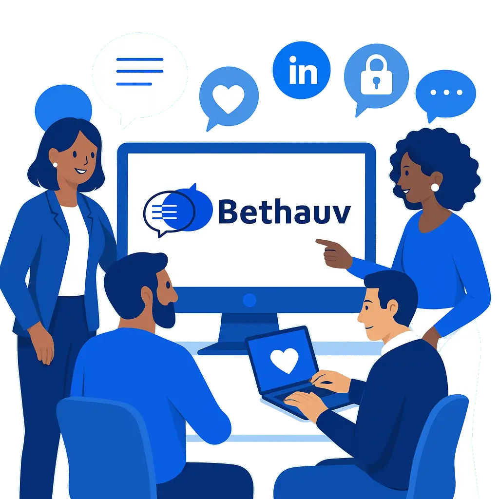 Illustration vectorielle moderne montrant quatre personnes de différentes ethnies autour d'un écran d'ordinateur affichant le logo "Bethauv", avec des icônes de réseaux sociaux et de communication flottant au-dessus, dans un style bleu monochrome