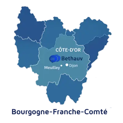 Carte de la r&eacute;gion Bourgogne-Franche-Comt&eacute; montrant la zone d'intervention de l'Agence Bethauv